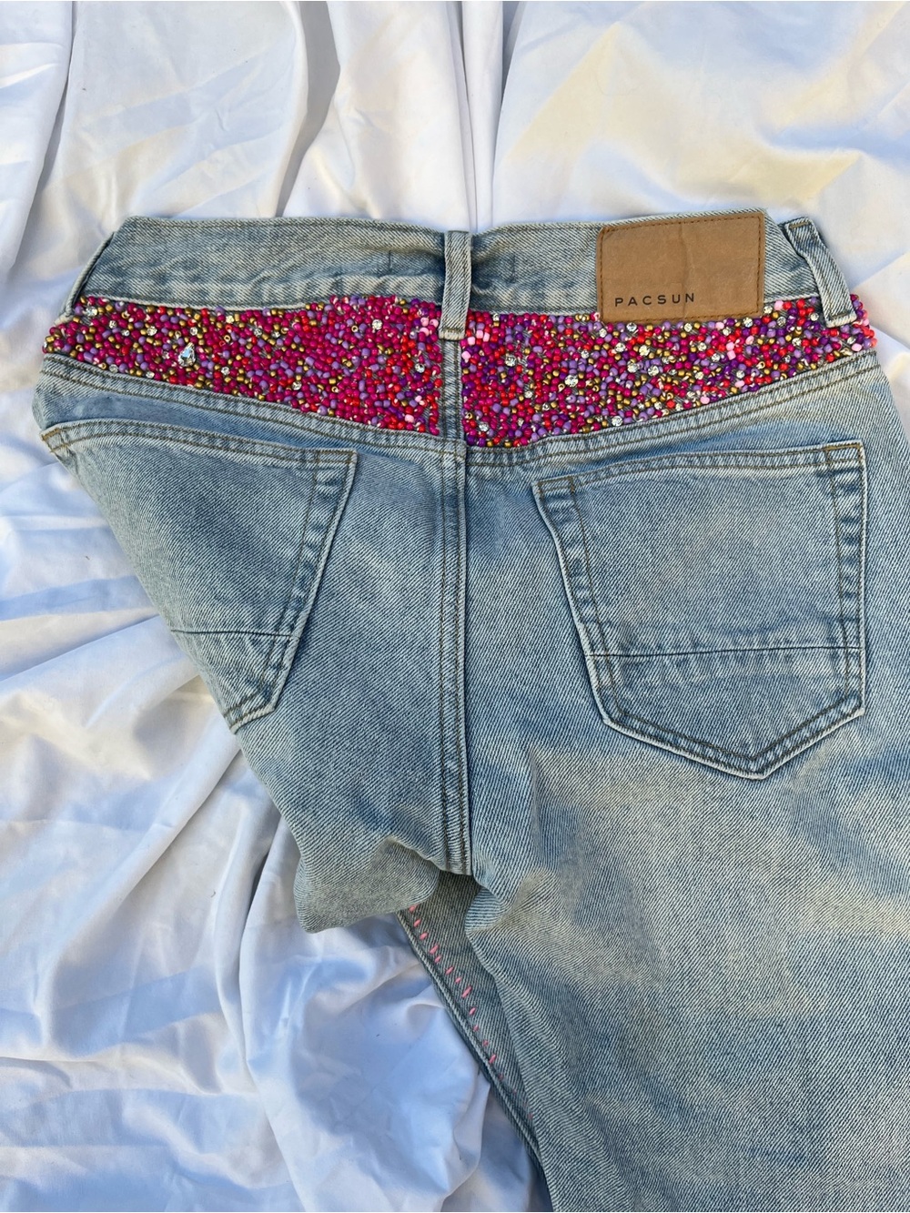 PacSun OOAK Beaded Serape Patchwork Jeans Distressed Festival Y2K